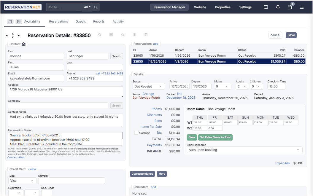 Reservation details view with guest history payment details and notes