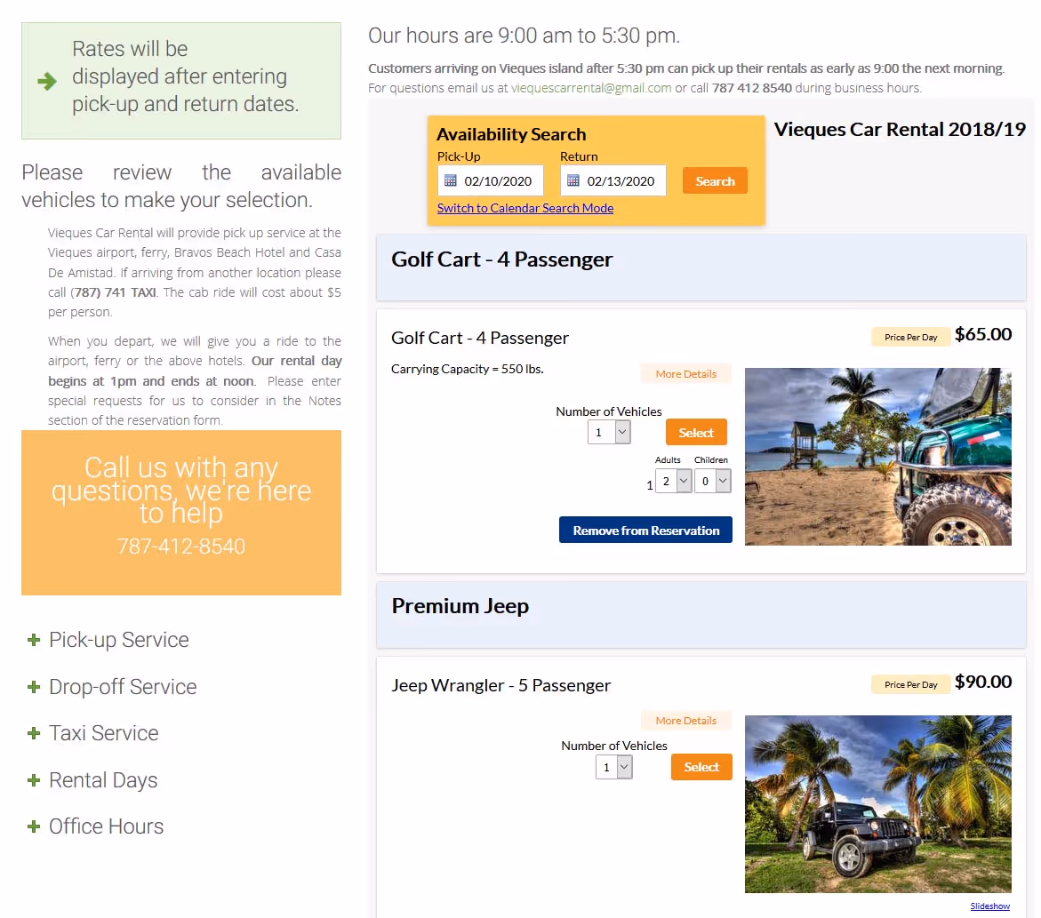 Car rental booking engine for direct online vehicle reservations
