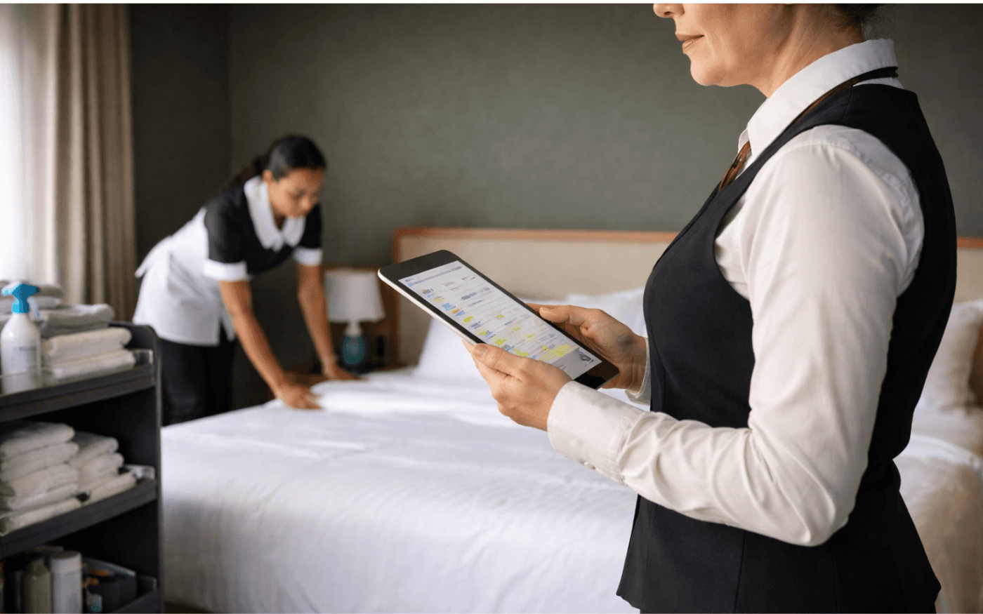 Housekeeping and room status indicators inside the booking calendar