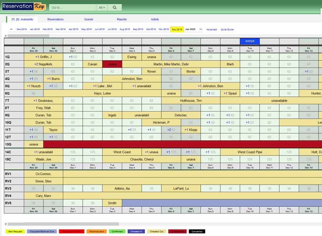 Hotel reservation software calendar showing room bookings and availability
