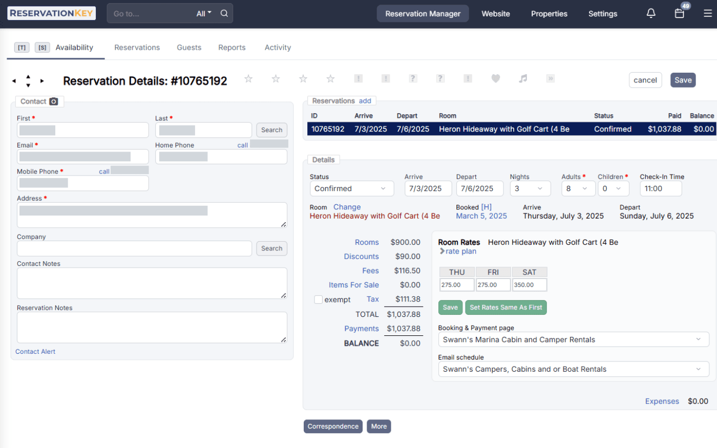Guest details and reservation calendar for cabin rental reservation software